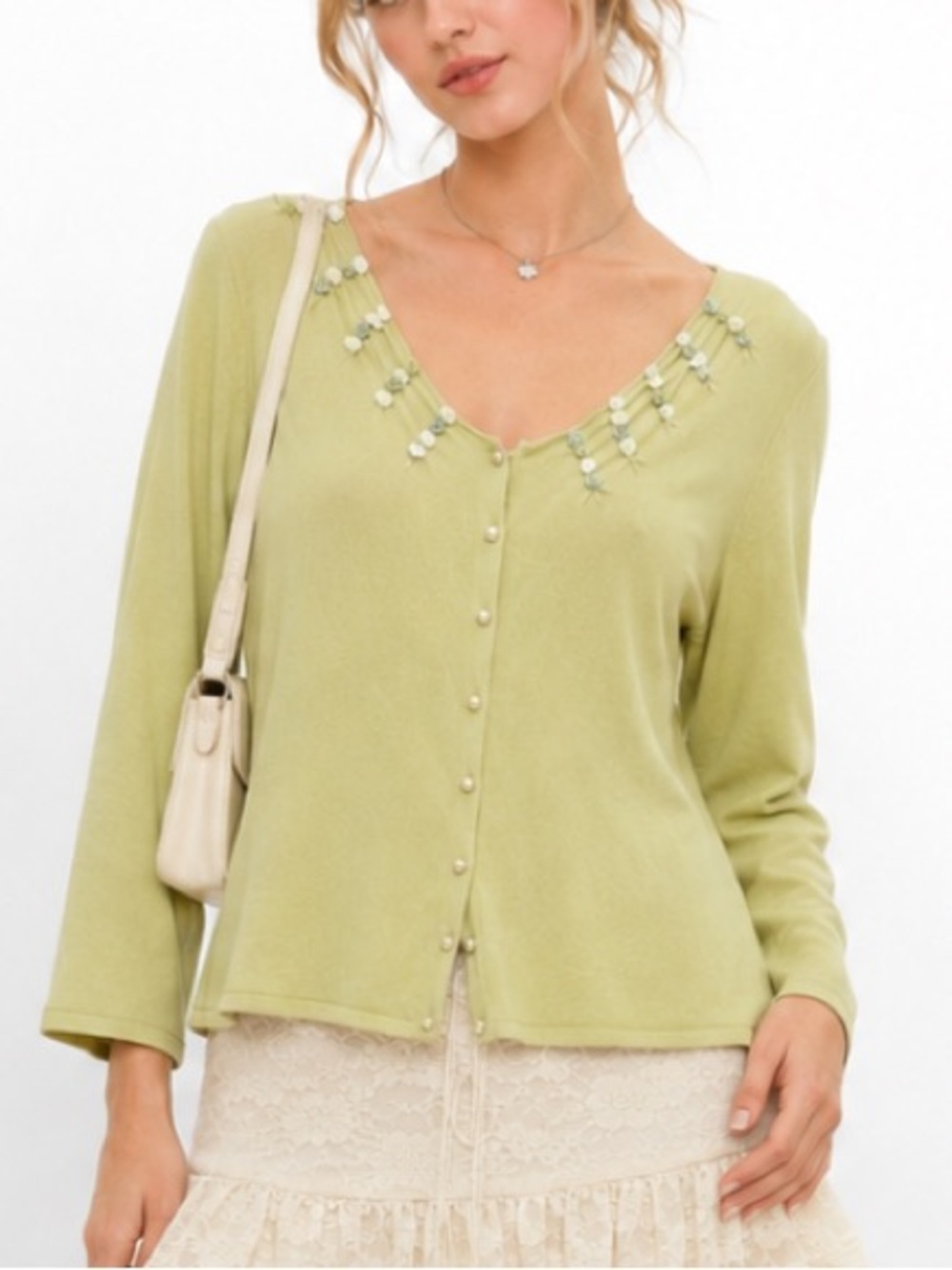 Y2K Maurice Sasson Dainty Rosette Pearl Cardigan Fairy Coquette Knit Top Layer M